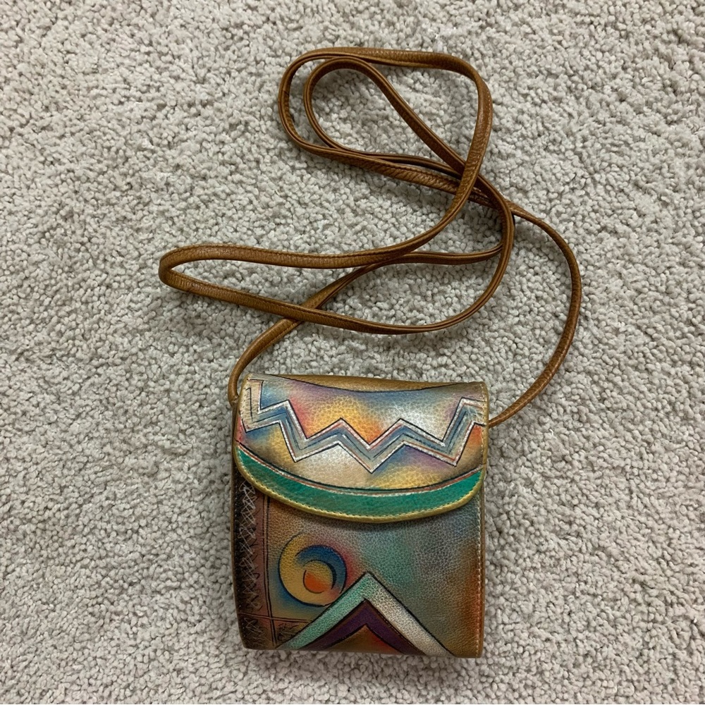 Authentic ANUSCHKA Hand Painted CROSS BODY Festival MINI Leather PURSE Bag